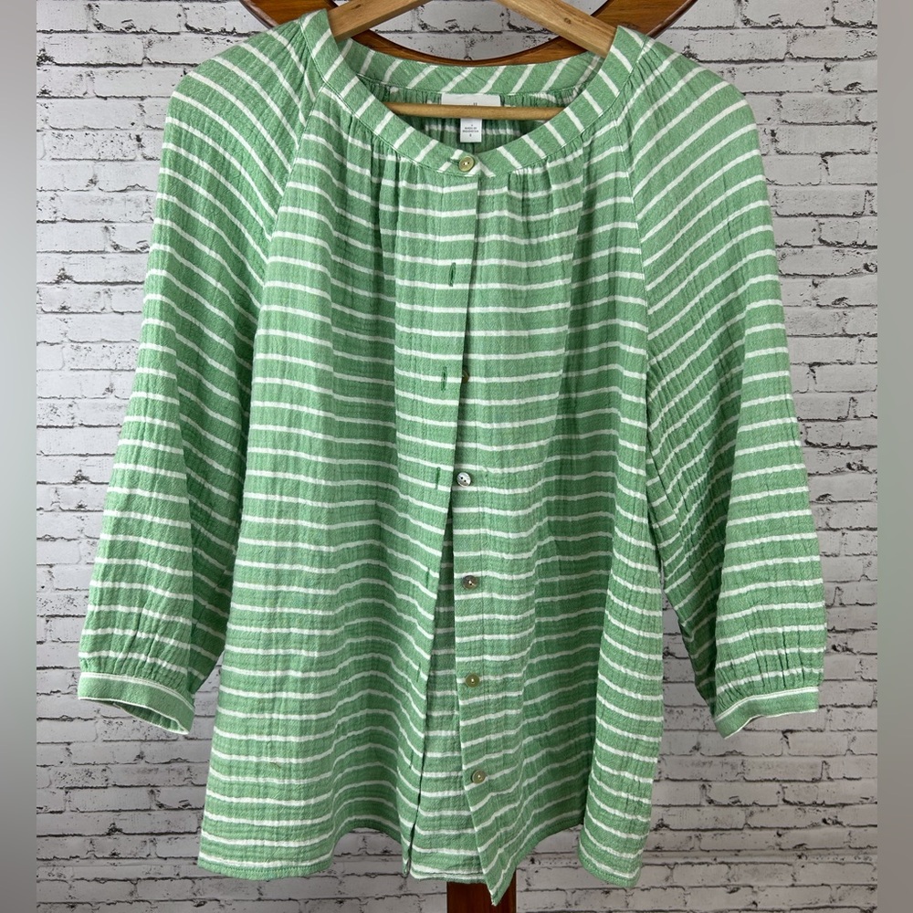 J. Jill | Green and White Striped Button Down Shirt size S